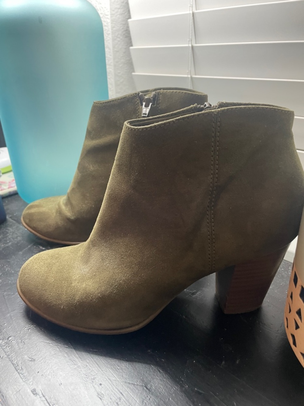 Old Navy Olive Suede Ankle Booties with Stacked Heel - Picture 3 of 7